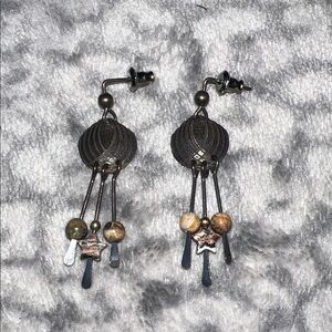 Elegant Silver Dangle Earrings with Petrified Wood Stones